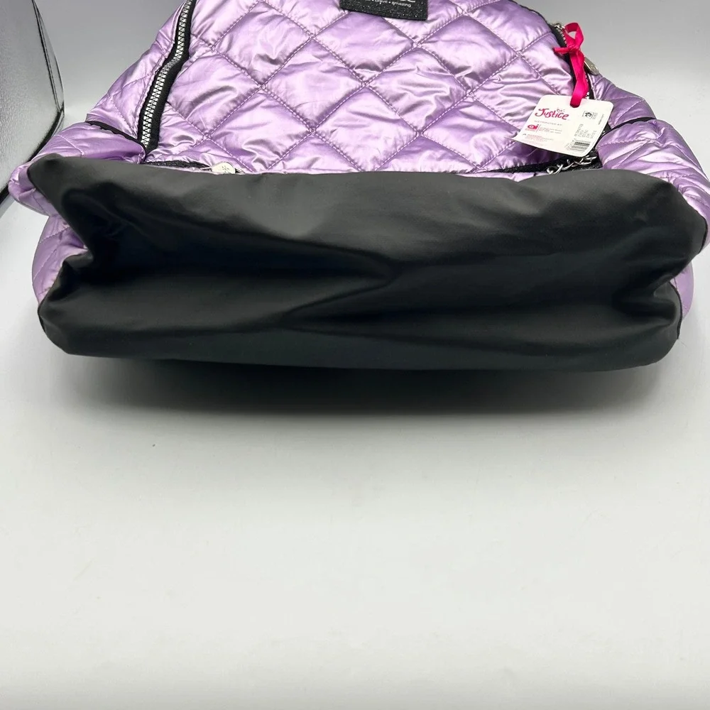 Justice Backpack Purple Girls Metallic Quilted Puffer NWT 13 W x 17 T x 3 D in